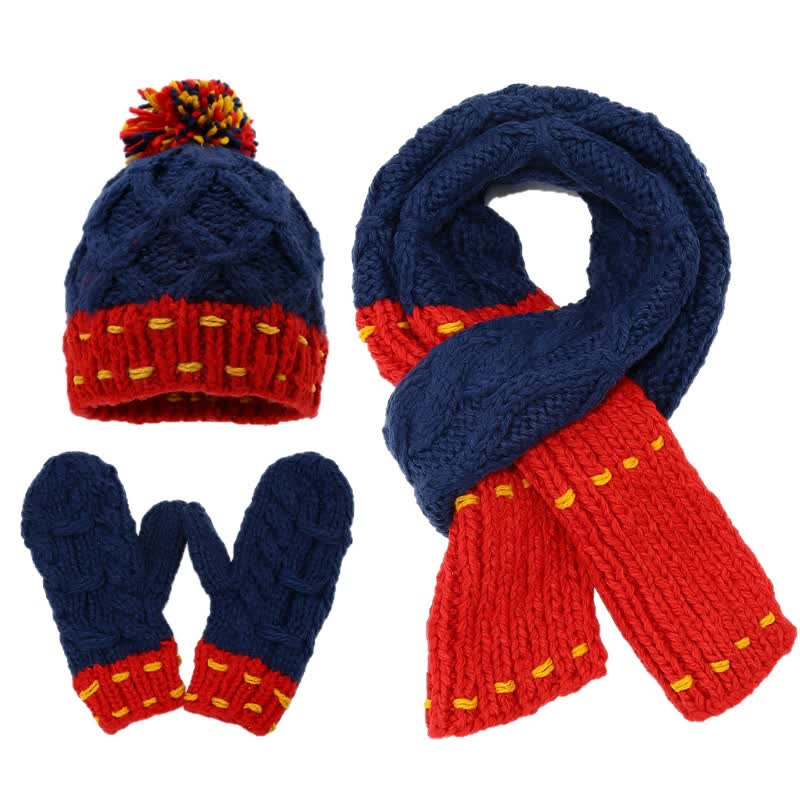 3Pcs Trendy Line Design Color-Blocked Hat Scarf Gloves Set - Blue & Red - Adjustable (21 1/4"-22 7/8") - image 0