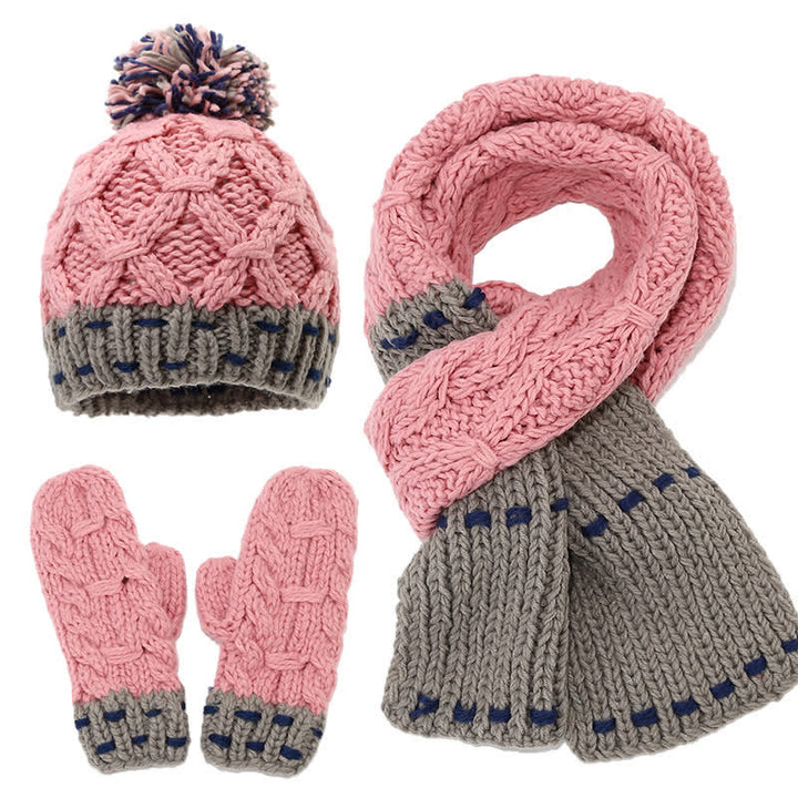 3Pcs Trendy Line Design Color-Blocked Hat Scarf Gloves Set - Pink & Gray - Adjustable (21 1/4"-22 7/8") - image 4
