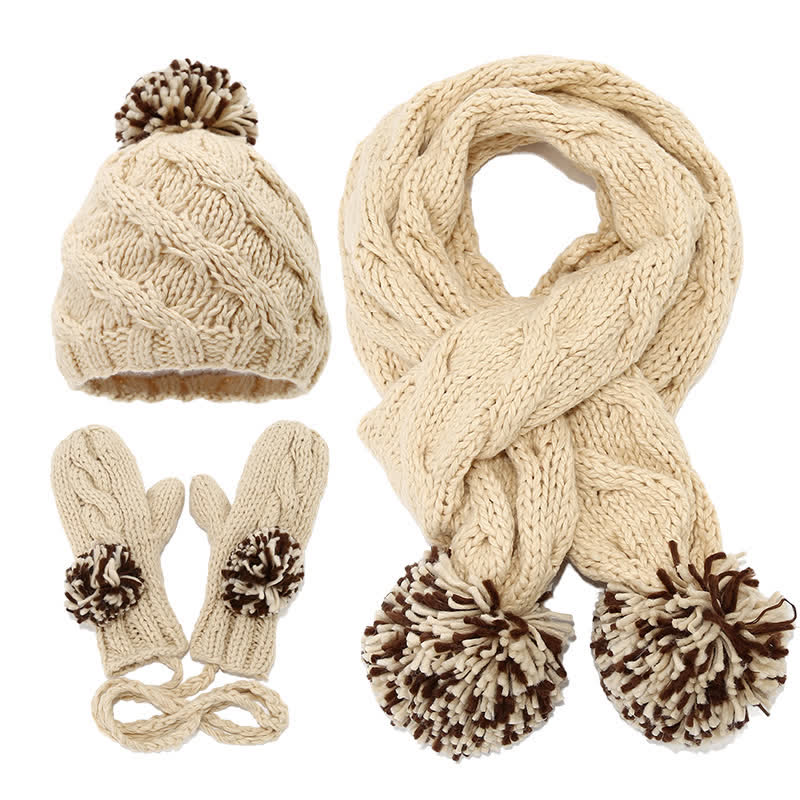 3Pcs Twist Design Hat Scarf Gloves Set With Pom Pom - Beige - Adjustable (21 1/4"-22 7/8") - image 7