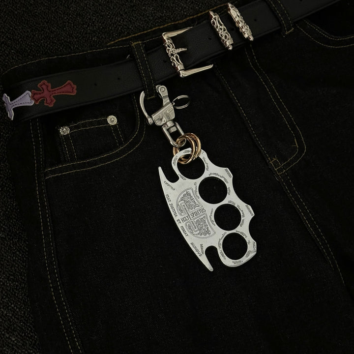 Silver Self-defense Knuckle Duster Double Ring Keychain - image 1