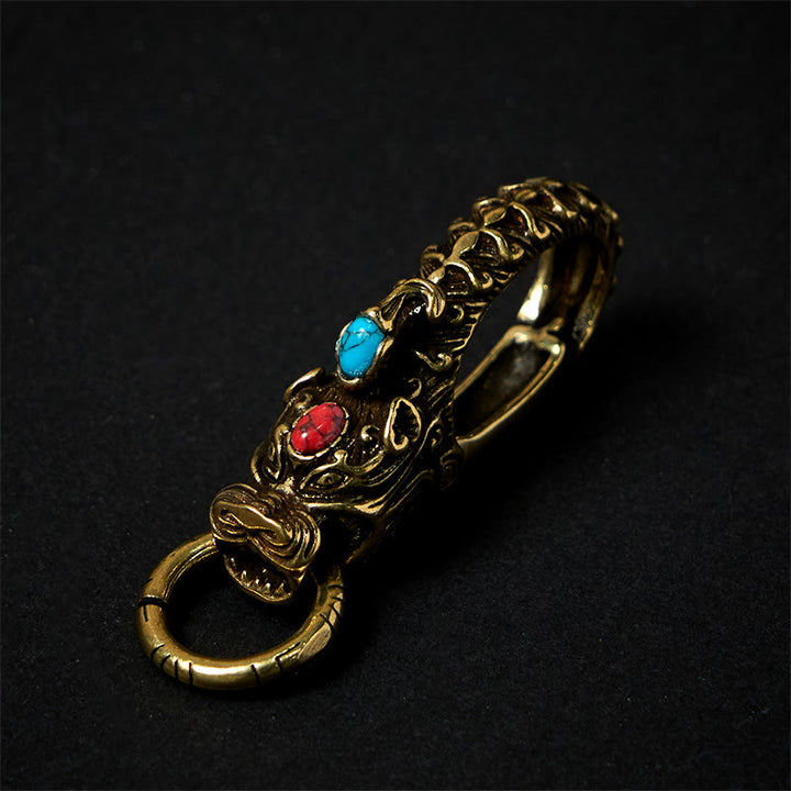 Intricate Dragon Head Snap Hook Brass Keychain - Antique Brass - image 0