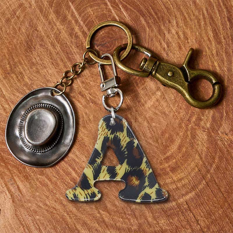 Leopard Print Letter & Cowboy Hat Pendant Keychain - Brass Keychain + Silver Hat - A - image 0