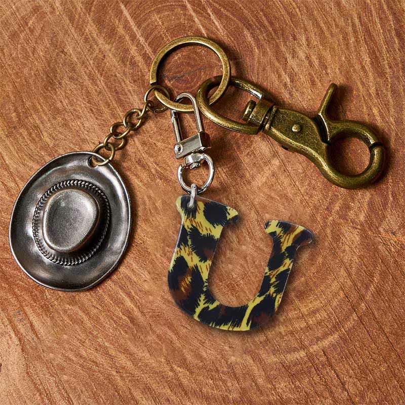 Leopard Print Letter & Cowboy Hat Pendant Keychain - Brass Keychain + Silver Hat - U - image 28
