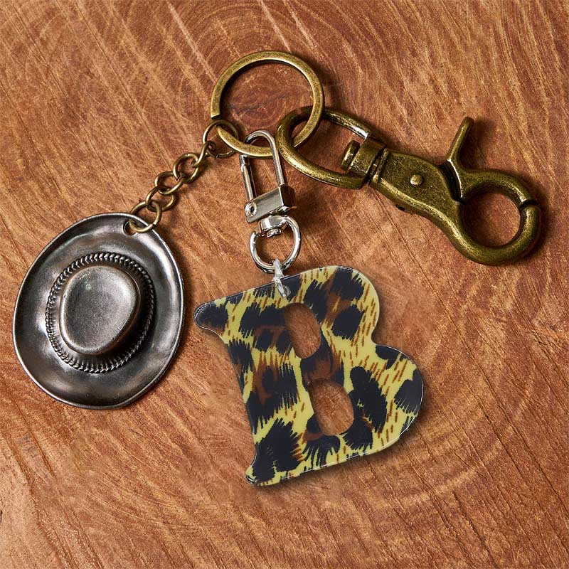 Leopard Print Letter & Cowboy Hat Pendant Keychain - Brass Keychain + Silver Hat - B - image 9