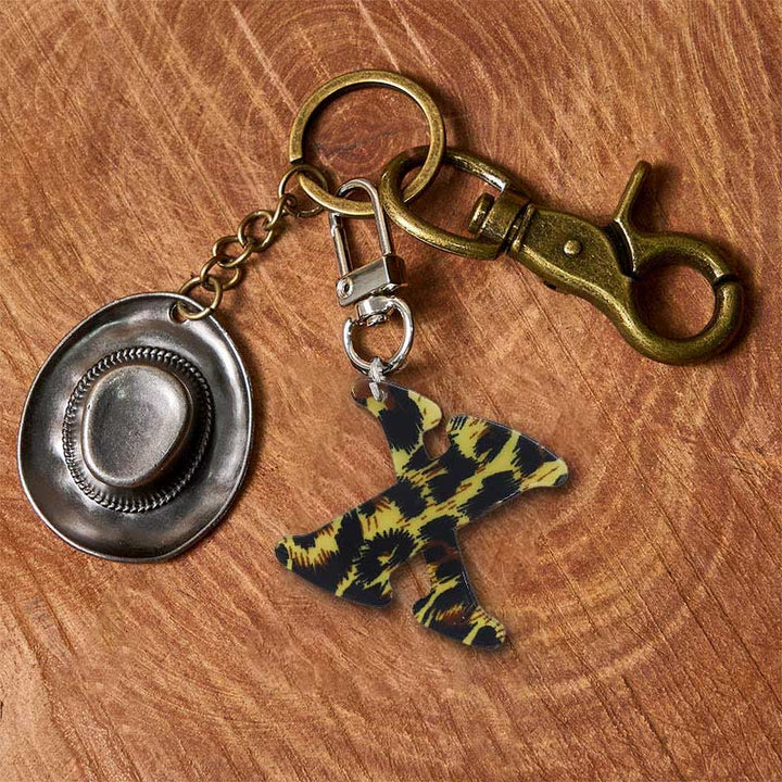 Leopard Print Letter & Cowboy Hat Pendant Keychain - Brass Keychain + Silver Hat - X - image 31
