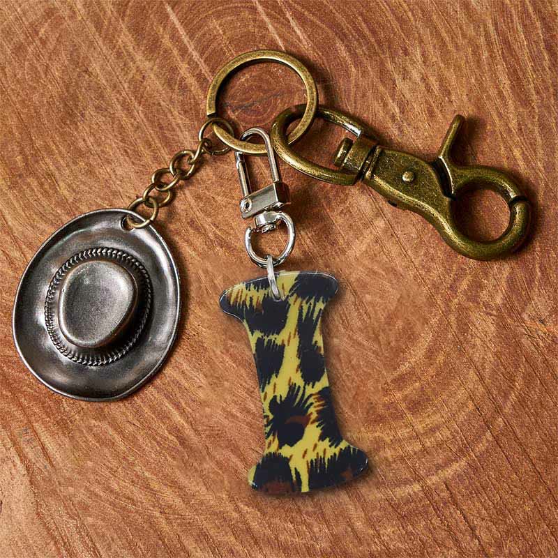 Leopard Print Letter & Cowboy Hat Pendant Keychain - Brass Keychain + Silver Hat - I - image 16