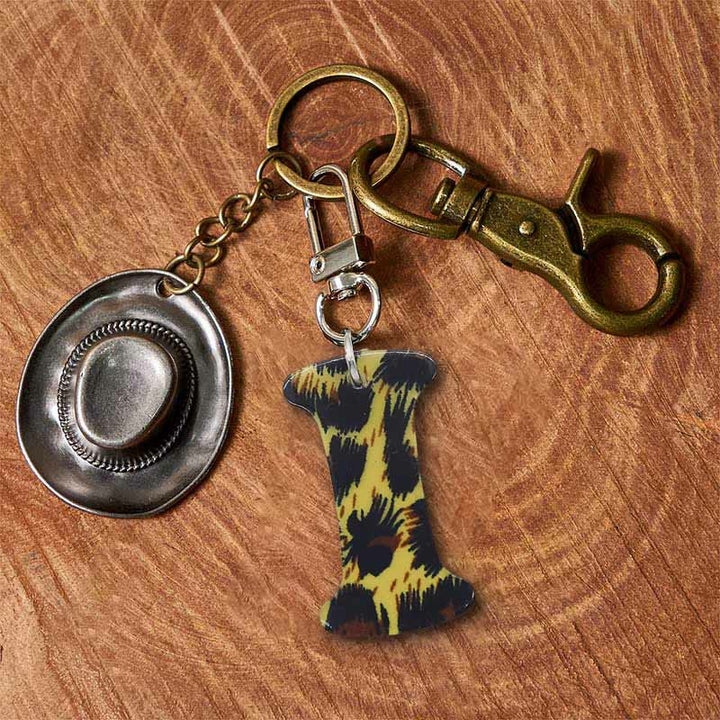Leopard Print Letter & Cowboy Hat Pendant Keychain - Brass Keychain + Silver Hat - I - image 16