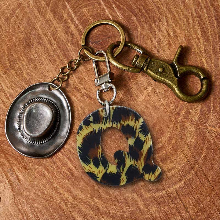 Leopard Print Letter & Cowboy Hat Pendant Keychain - Brass Keychain + Silver Hat - Q - image 24