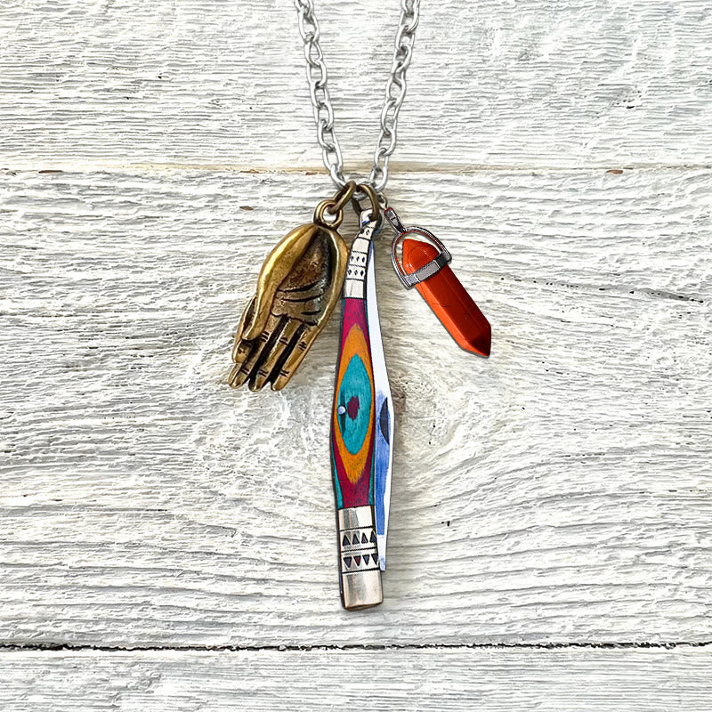 Colorful Brass Folding Knife Buddha Hand & Redstone Necklace - Folding Knife Necklace - image 0