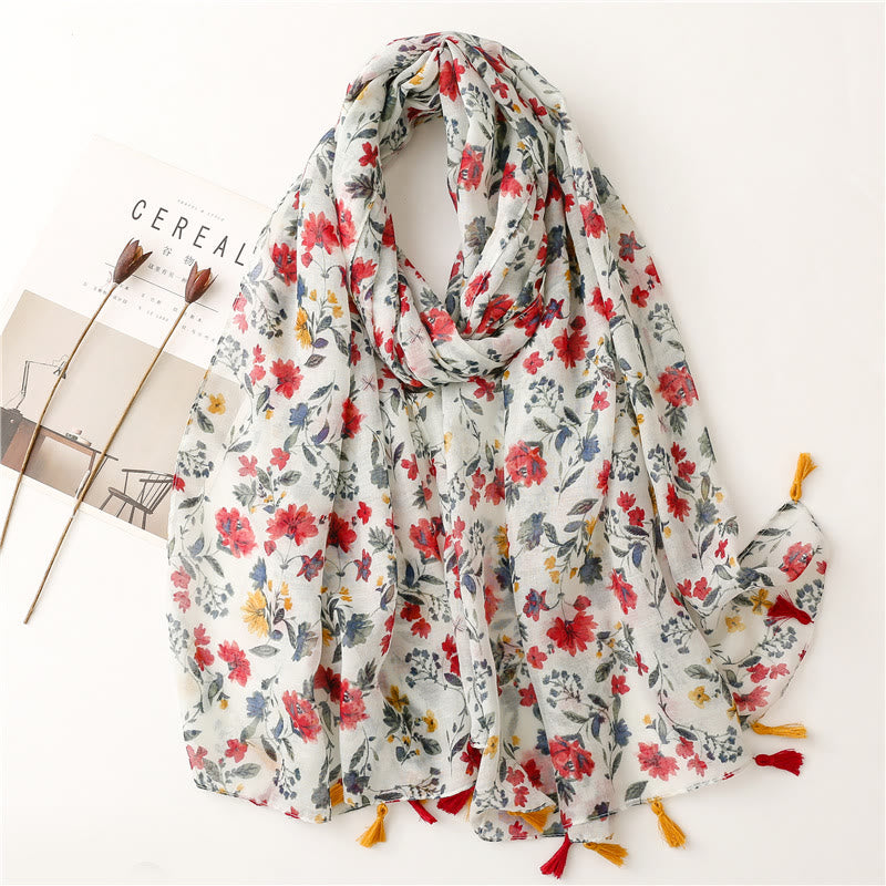 Elegant Red Flowers & Leaves Printed Tassel Women's Scarf - Red Flowers & Leaves - image 0