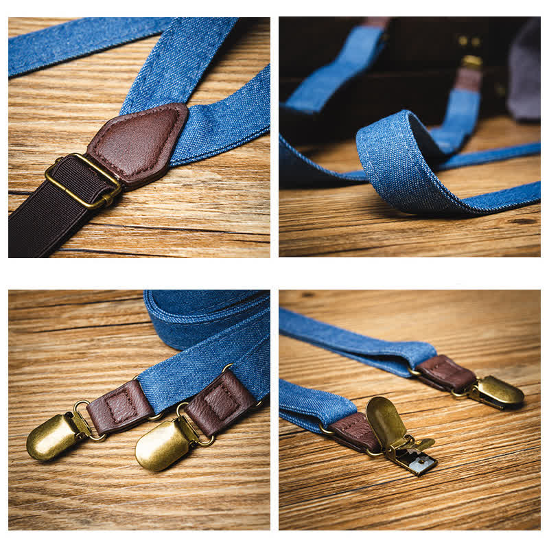 Retro Solid Blue Denim Y-back Elastic Suspenders - image 3
