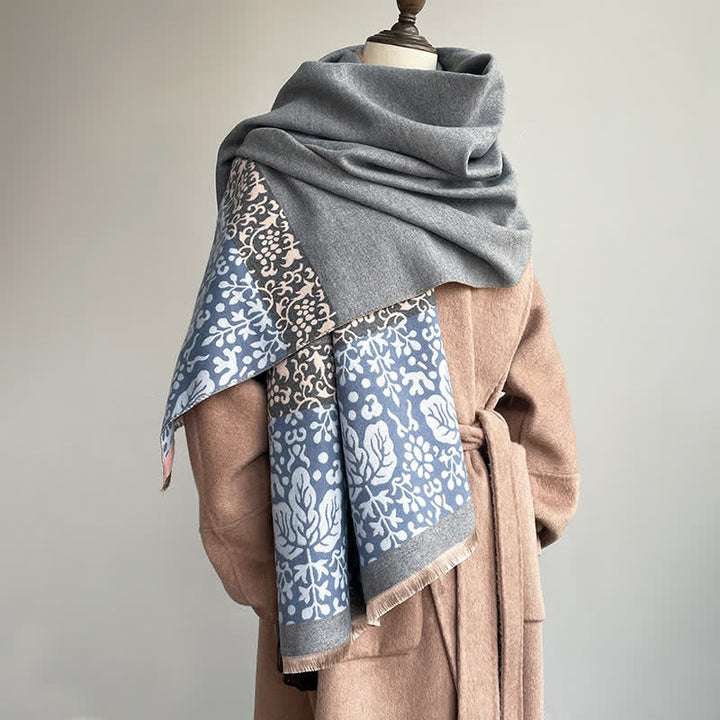 Patchwork-Style Flower Leaves Pattern Warm Scarf - Gray - image 0