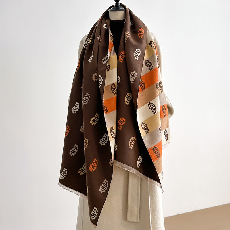 Warm Winter Colorful Paisley & Bold Striped Scarf - Dark Khaki - image 5