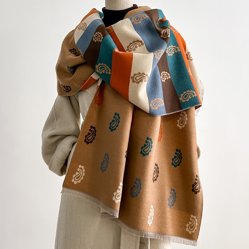 Warm Winter Colorful Paisley & Bold Striped Scarf - Beige - image 0