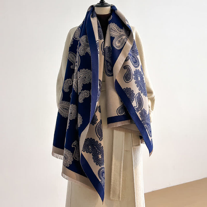 Intricate Paisley Pattern Double Sided Warm Scarf - Navy - image 0