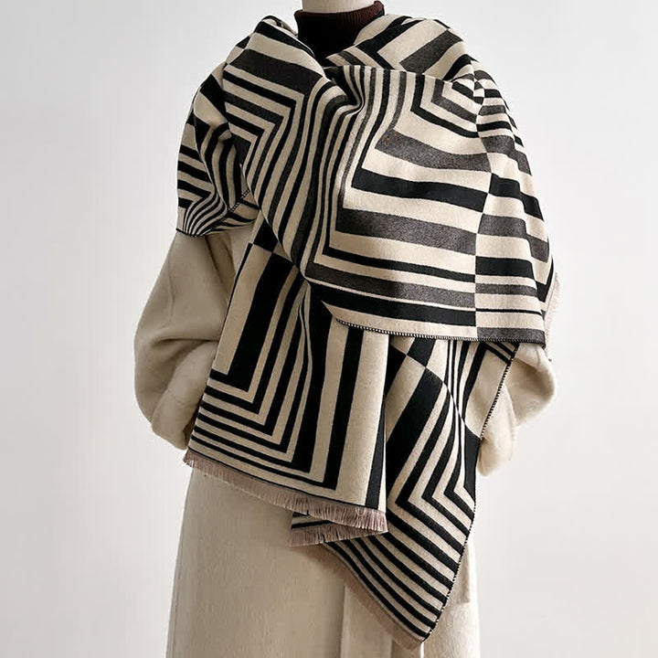 Dazzling Geometric Optical-Art Striped Pattern Scarf - Black - image 0