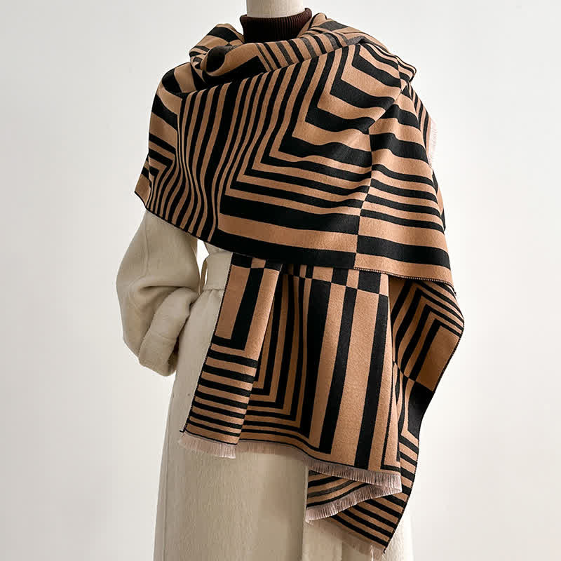Dazzling Geometric Optical-Art Striped Pattern Scarf - Dark Camel - image 7