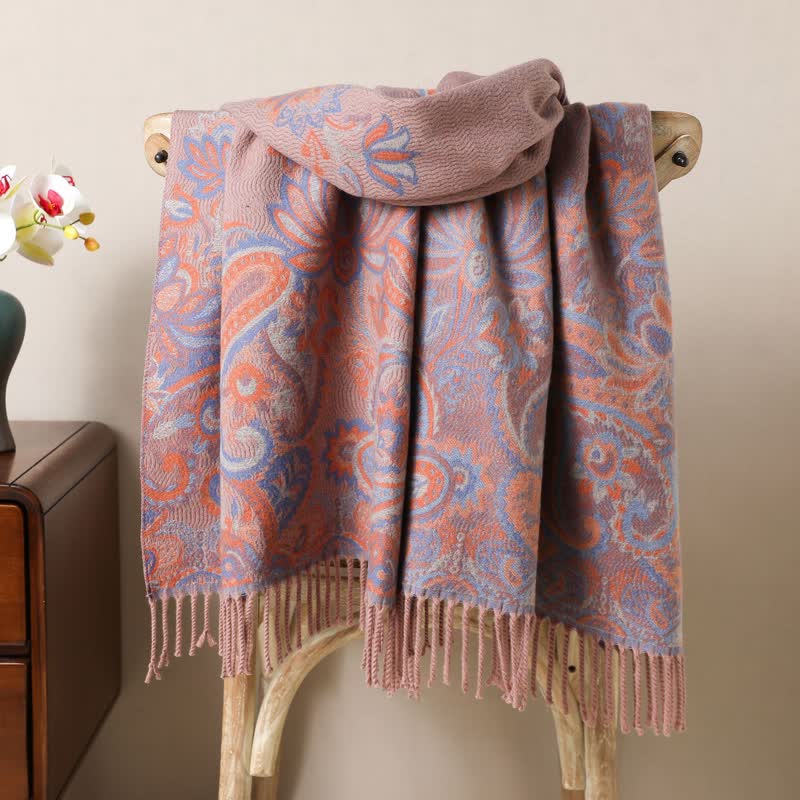 Boho-Chic Aesthetics Paisley Jacquard Tassels Scarf - PaleVioletRed - image 9