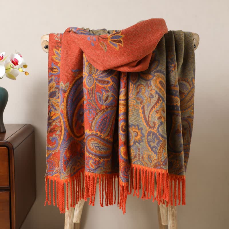 Boho-Chic Aesthetics Paisley Jacquard Tassels Scarf - Orange - image 10