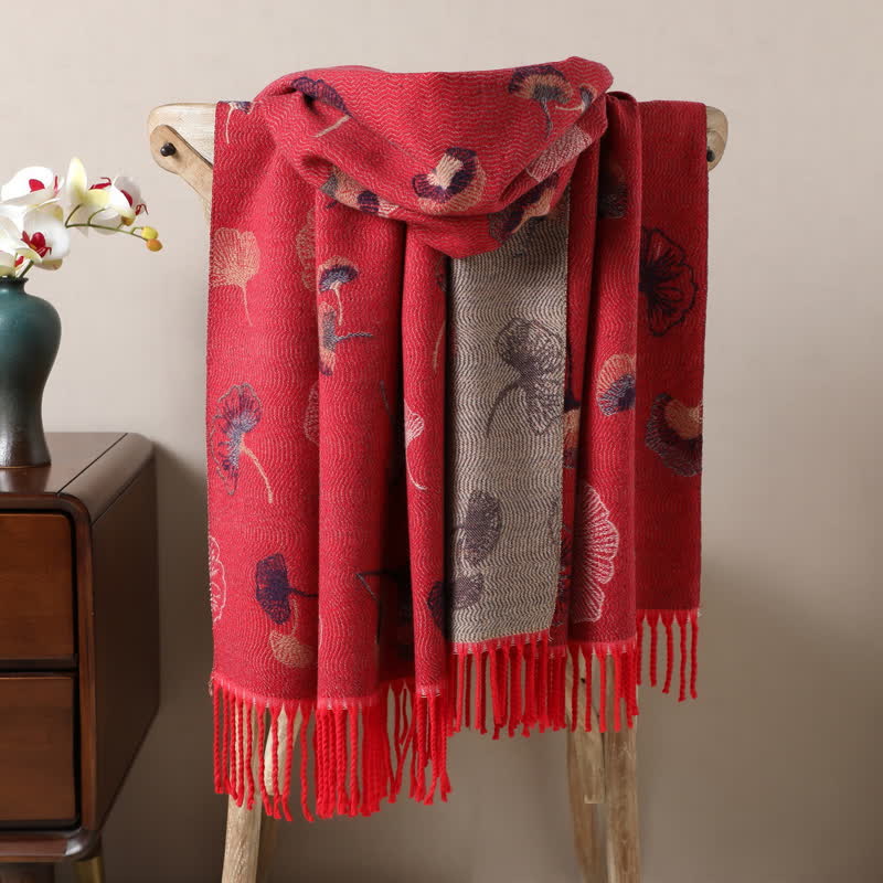 Ginkgo Leaf Pattern Double-Sided Scarf With Tassels - Red - image 8