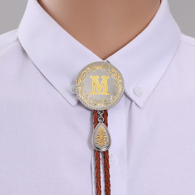 Initial Letter Brown Leather Bolo Tie With Teardrop-Shaped Pendant - Gold - M - image 15