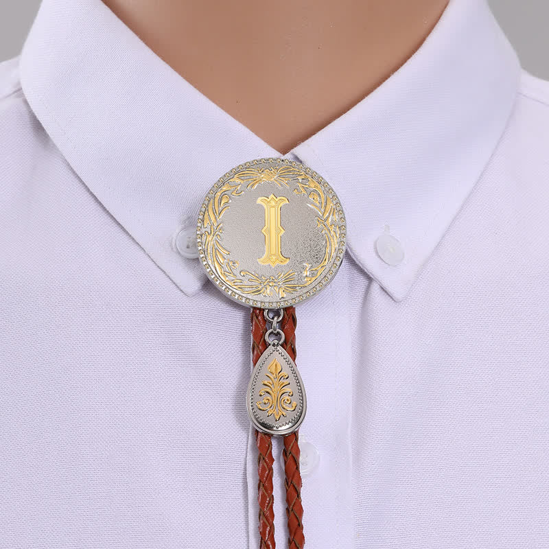 Initial Letter Brown Leather Bolo Tie With Teardrop-Shaped Pendant - Gold - I - image 11