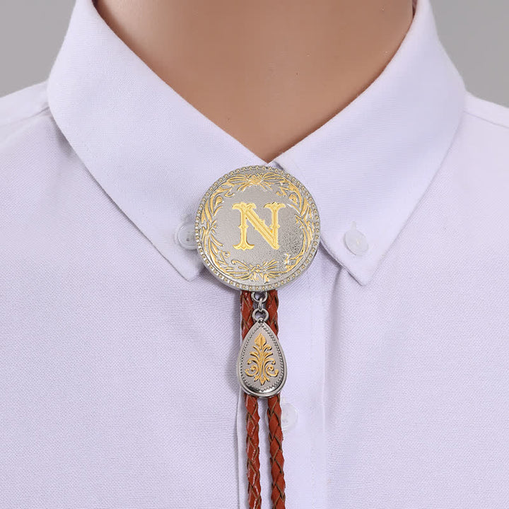 Initial Letter Brown Leather Bolo Tie With Teardrop-Shaped Pendant - Gold - N - image 16