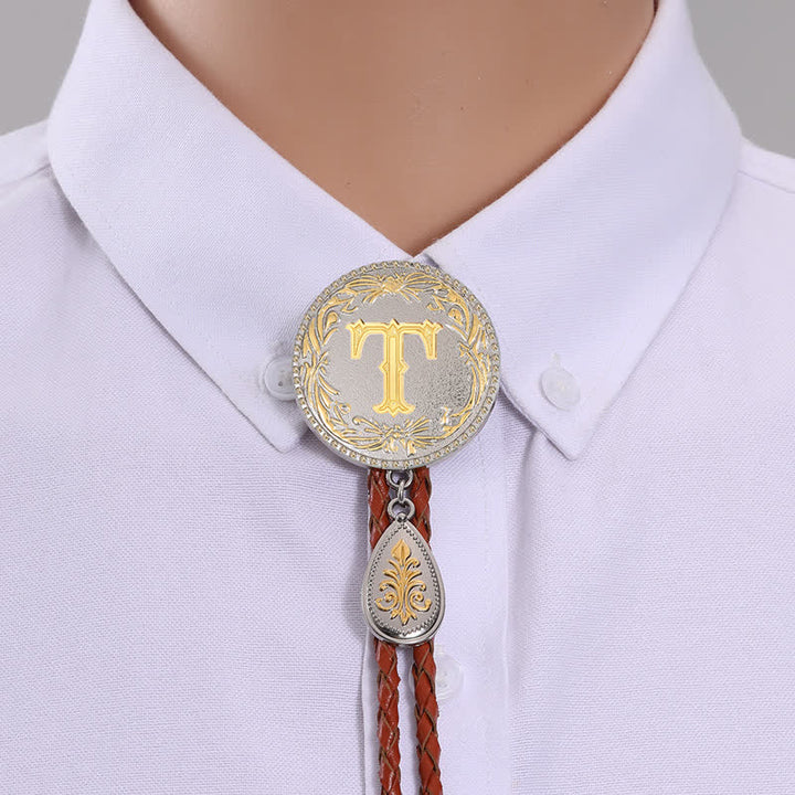 Initial Letter Brown Leather Bolo Tie With Teardrop-Shaped Pendant - Gold - T - image 22