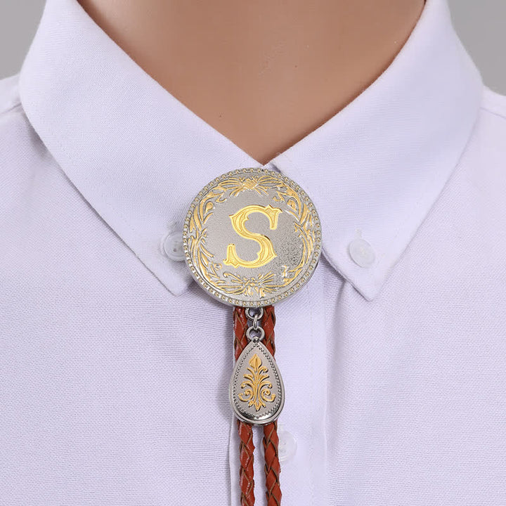 Initial Letter Brown Leather Bolo Tie With Teardrop-Shaped Pendant - Gold - S - image 21