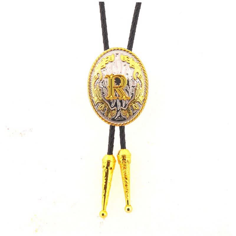 Gold & Silver Two-Tone Oval Initial Letter Leather Bolo Tie - Gold - R - image 18