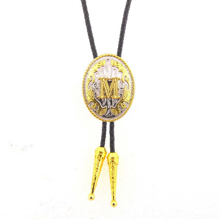 Gold & Silver Two-Tone Oval Initial Letter Leather Bolo Tie - Gold - M - image 14