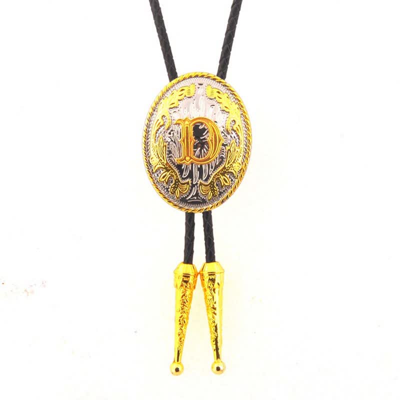 Gold & Silver Two-Tone Oval Initial Letter Leather Bolo Tie - Gold - D - image 5