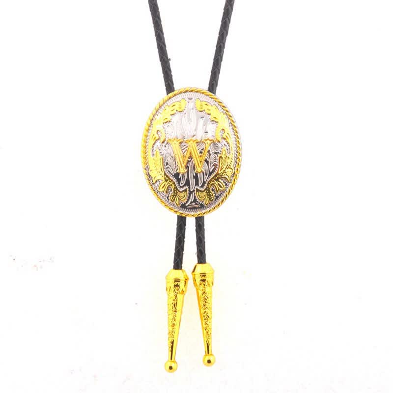 Gold & Silver Two-Tone Oval Initial Letter Leather Bolo Tie - Gold - W - image 23