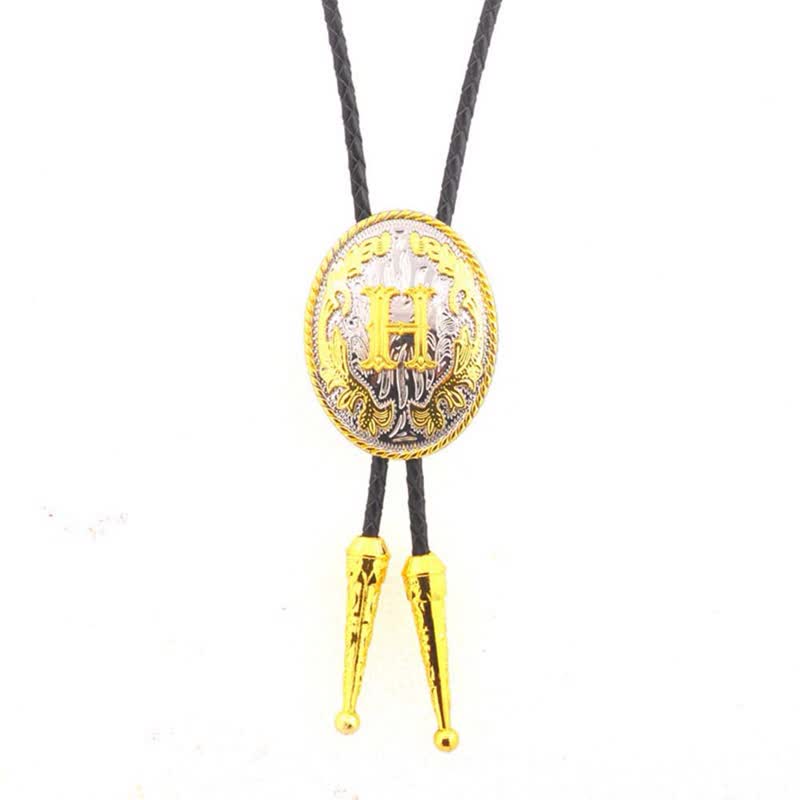 Gold & Silver Two-Tone Oval Initial Letter Leather Bolo Tie - Gold - H - image 9