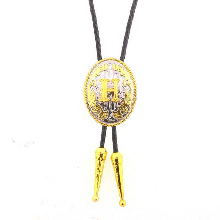 Gold & Silver Two-Tone Oval Initial Letter Leather Bolo Tie - Gold - H - image 9