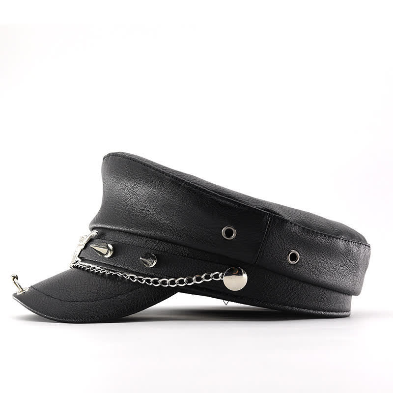 Longhorn Rivets Black Leather Beret Hat With Chain - image 3