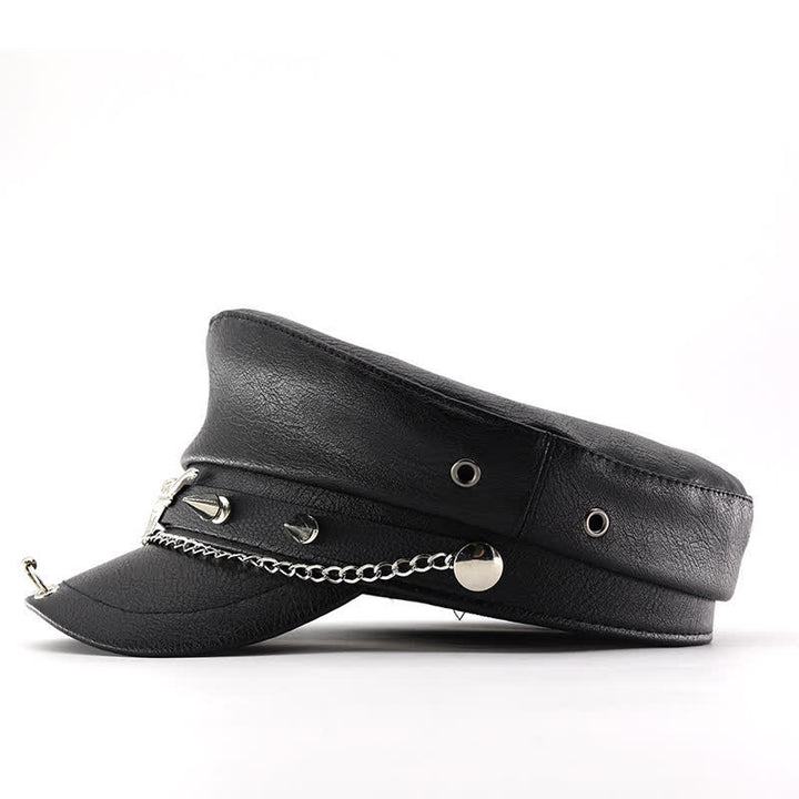 Longhorn Rivets Black Leather Beret Hat With Chain - image 3
