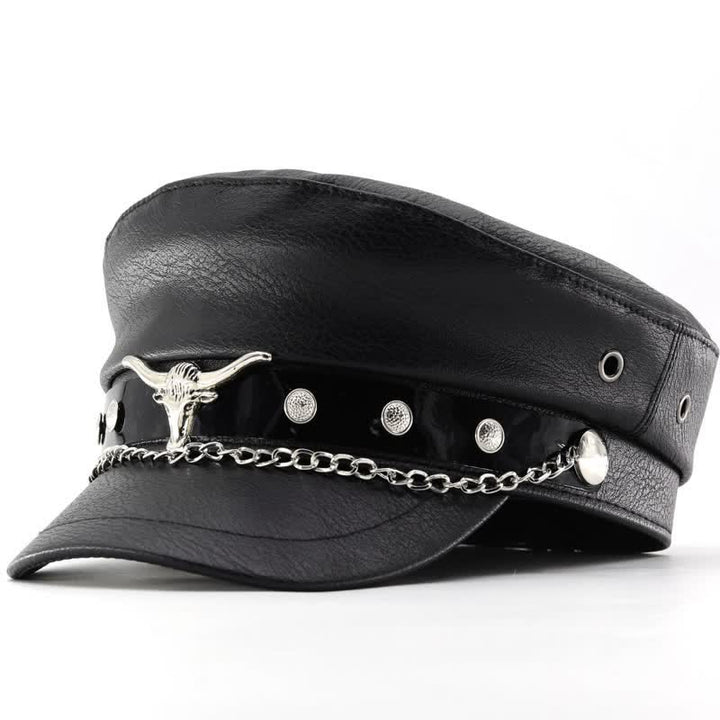 Longhorn Rivets Black Leather Beret Hat With Chain - Style #2 - M (22"-22 7/8") - image 6