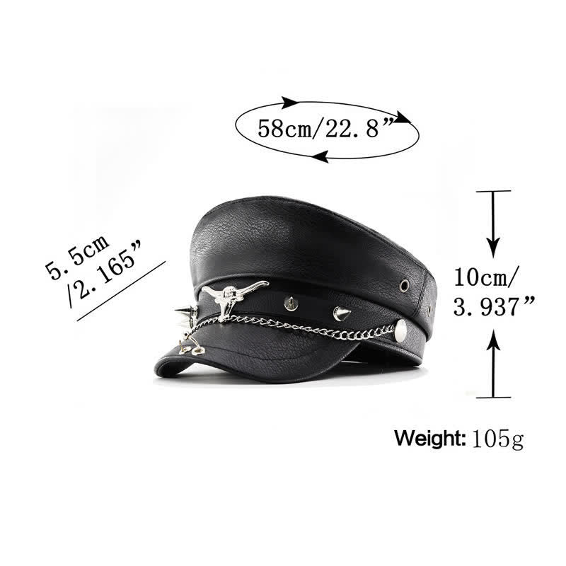 Longhorn Rivets Black Leather Beret Hat With Chain - image 5