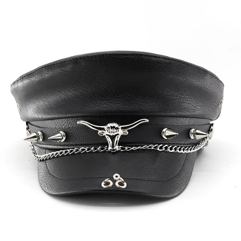 Longhorn Rivets Black Leather Beret Hat With Chain - image 1