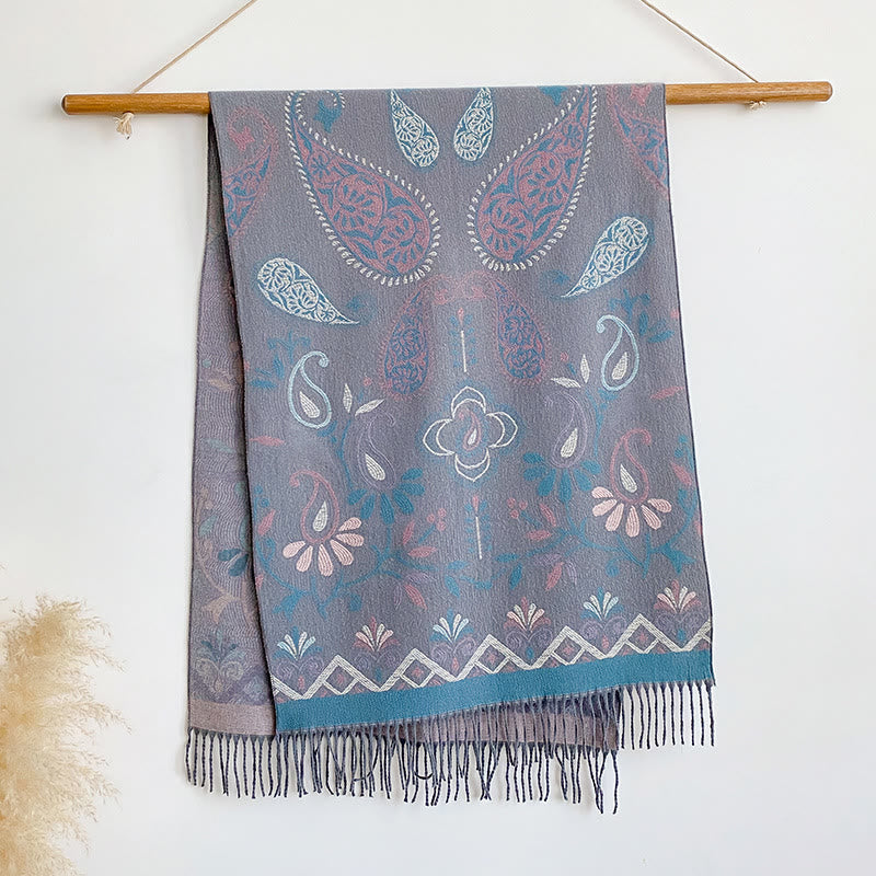 Women's Bohemian Style Printed Tassels Winter Warm Shawl Scarf - Grey - image 8