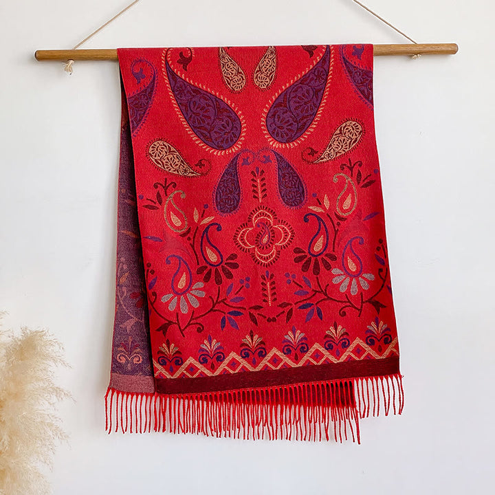 Women's Bohemian Style Printed Tassels Winter Warm Shawl Scarf - Red - image 6