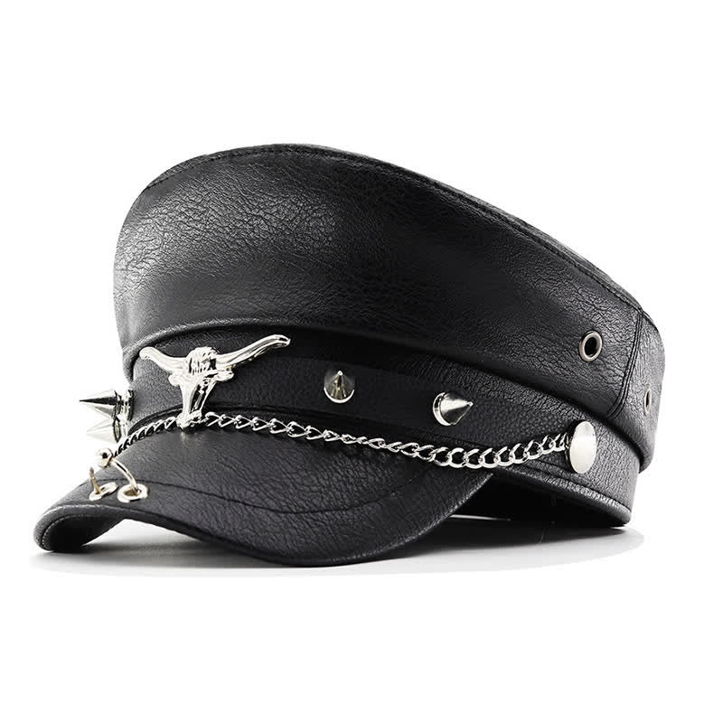 Longhorn Rivets Black Leather Beret Hat With Chain - Style #1 - M (22"-22 7/8") - image 0