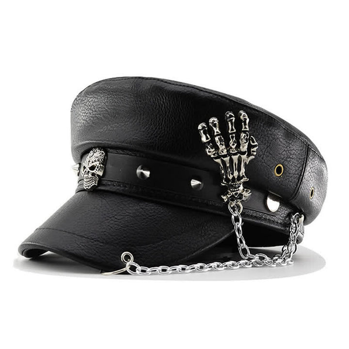 Punk Style Skull & Skeleton Hand Chain Leather Beret Hat - Black - M (22"-22 7/8") - image 0