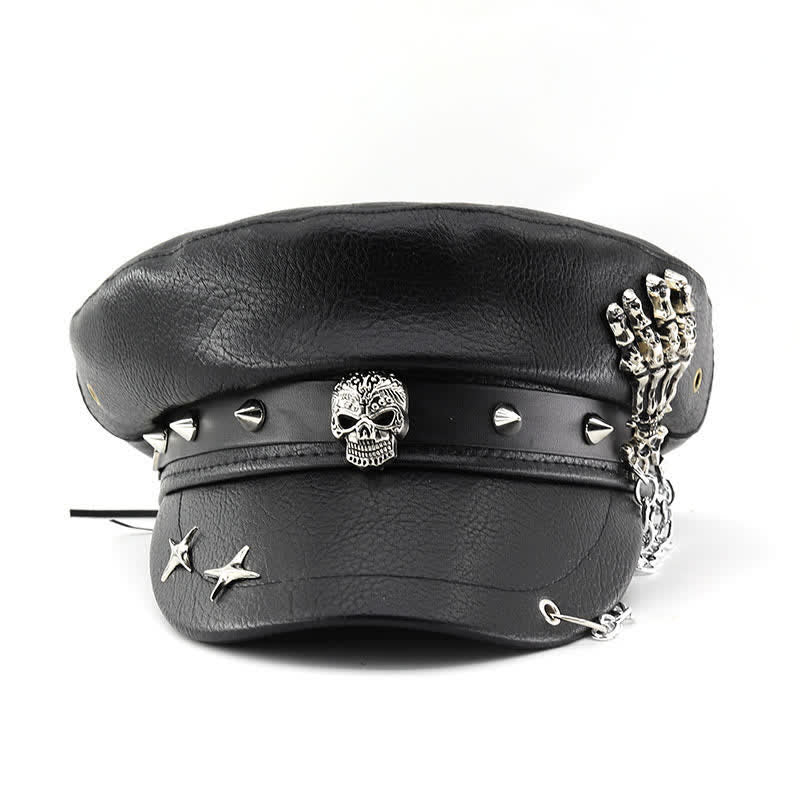 Punk Style Skull & Skeleton Hand Chain Leather Beret Hat - image 1