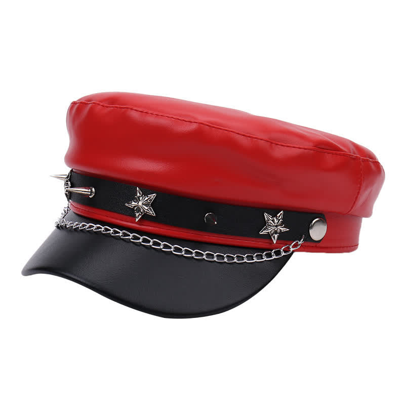 Two-Tone Star Studs Leather Beret Hat With Chain - Red - M (22"-22 7/8") - image 8