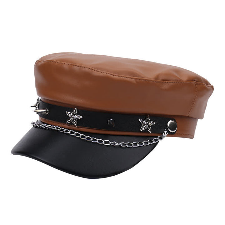 Two-Tone Star Studs Leather Beret Hat With Chain - Coffee - M (22"-22 7/8") - image 10