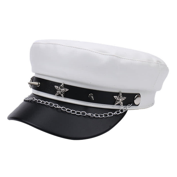 Two-Tone Star Studs Leather Beret Hat With Chain - White - M (22"-22 7/8") - image 7