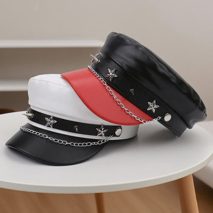 Two-Tone Star Studs Leather Beret Hat With Chain - image 6