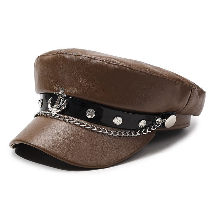 Military-Style Anchor Studded Leather Beret Hat With Chain - Brown - M (22"-22 7/8") - image 0